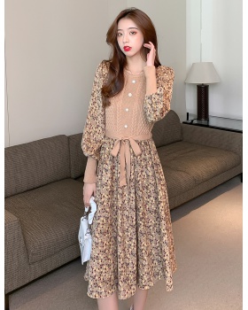 Korean style bandage corduroy dress floral knitted sweater