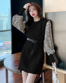 Knitted pinched waist dress temperament long sleeve sweater